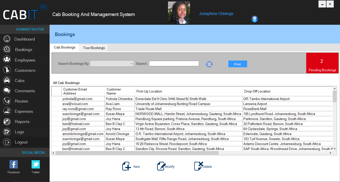 Bookings - Cab Bookings Page